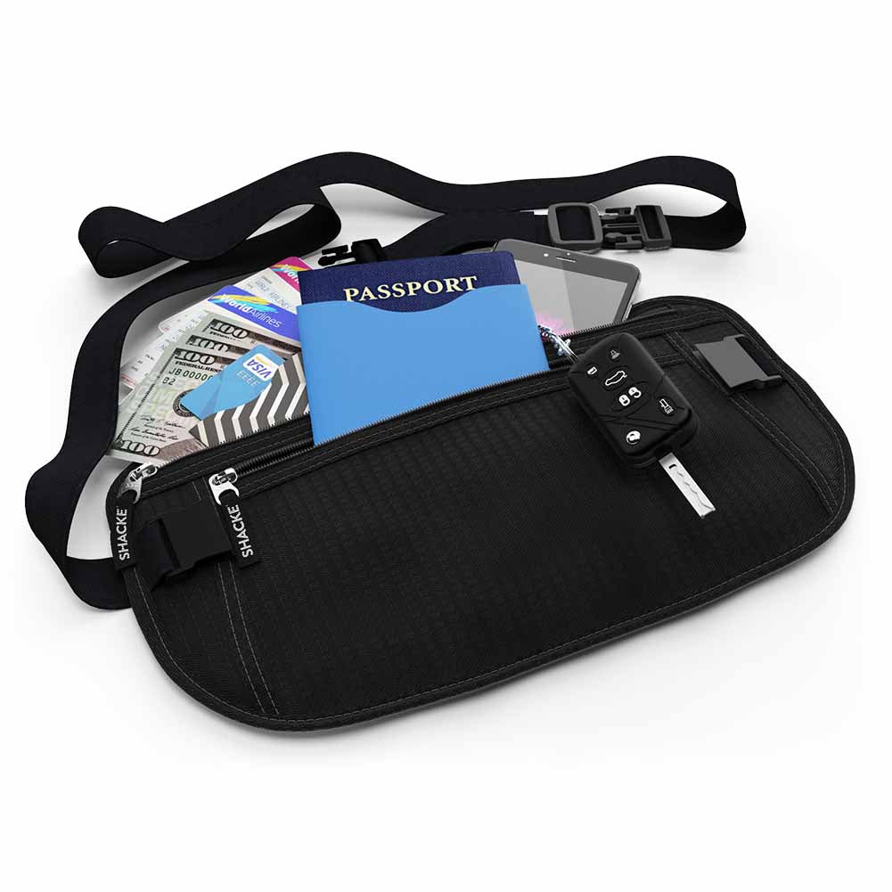 Shacke Money Belt Pouch w/ Dual Clip - RFID Passport & CC Card Sleeves –